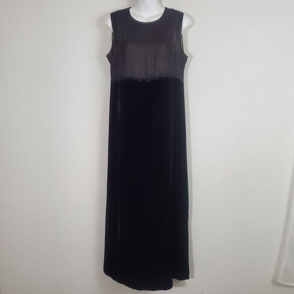 DKNY Vintage Dress 12 Petite Black Silk Velvet 90s Y2K Elegant Sheer Beaded - Picture 1 of 12